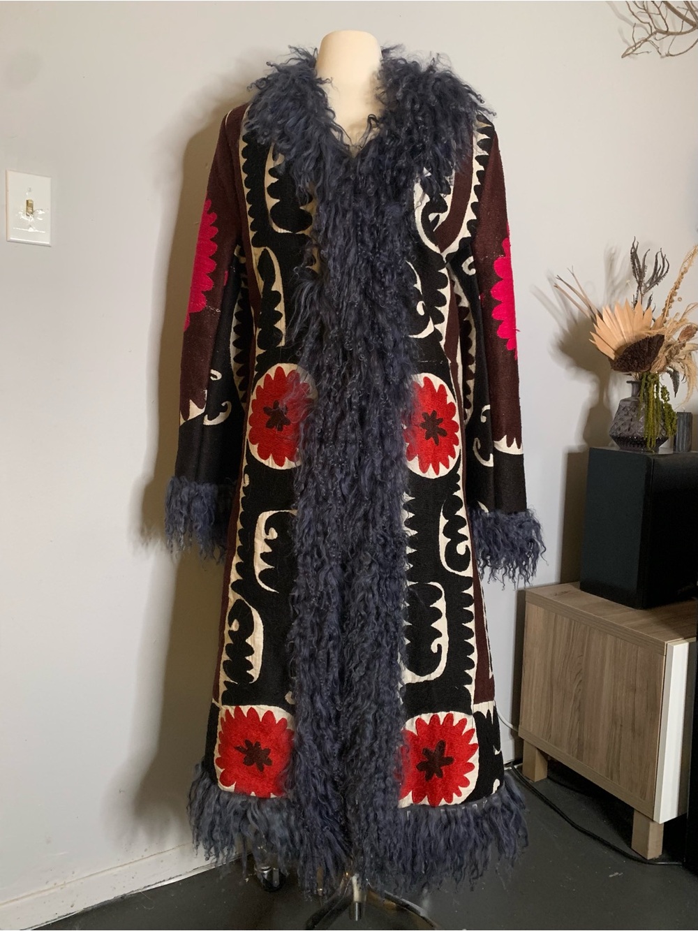 Vintage Folk-Floral Coat with Mongolian Trim